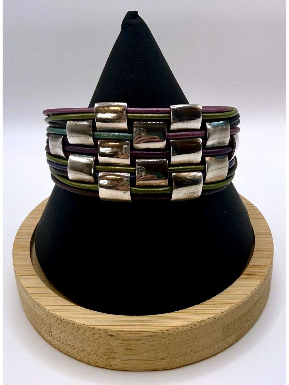 Multi-Strand Leather Cuff Bracelet with 925 Sterling Silver Woven Bar Stations